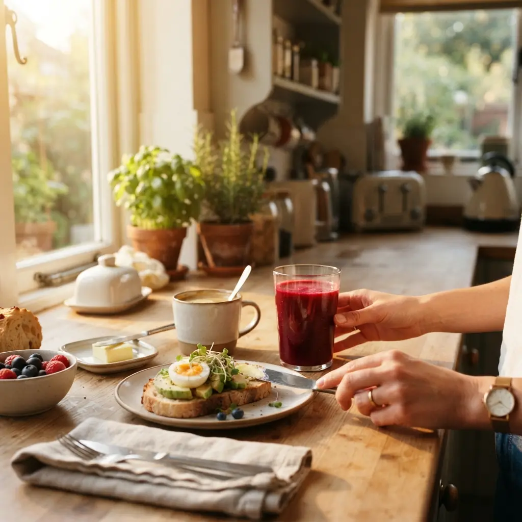 A glass of deep-red beetroot juice on a kitchen counter with breakfast items in morning light