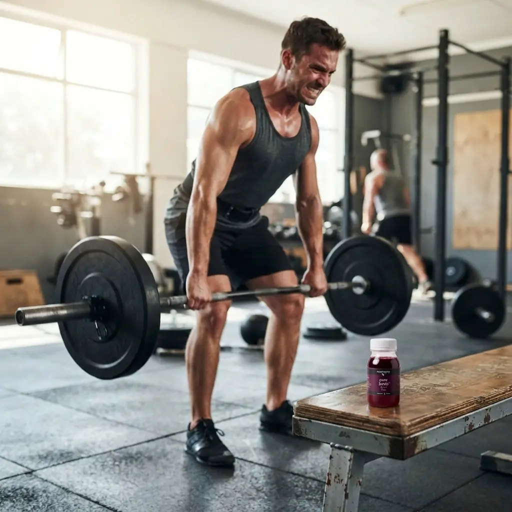 An athlete mid-deadlift with a 125ml bottle of Pure Beets beetroot juice in sharp focus on a wooden bench in the foreground