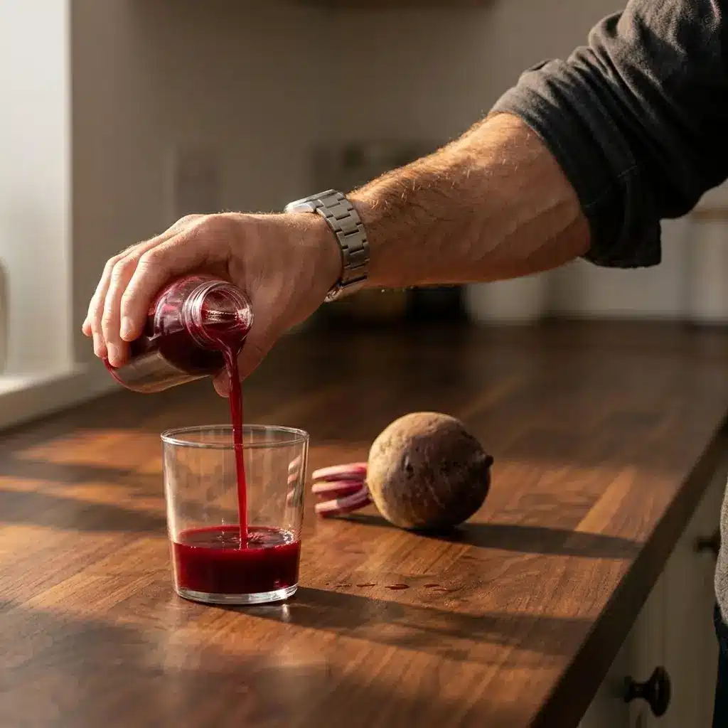 A man pouring cold-pressed beetroot juice into a glass