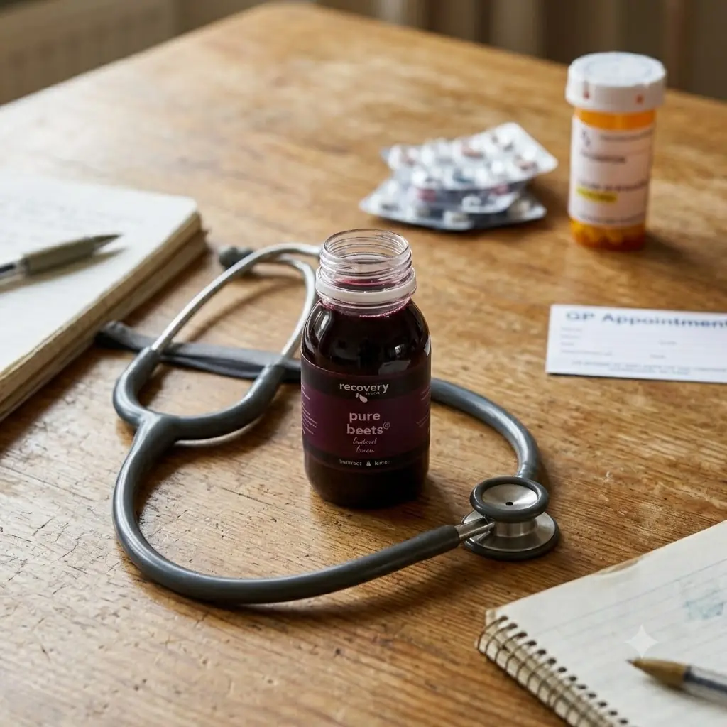 A bottle of Pure Beets beetroot juice on a wooden table next to a stethoscope and medication blister pack, symbolising the need to check with your healthcare provider.
