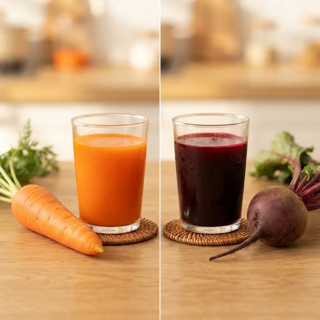 Split-screen: fresh carrot and orange juice on the left; fresh beetroot and deep-red juice on the right