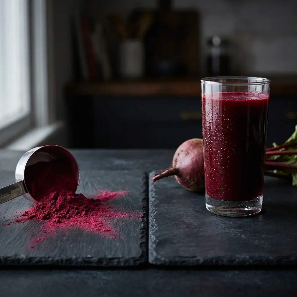 Beetroot powder in a steel measuring scoop beside a glass of cold-pressed beetroot juice on dark slate