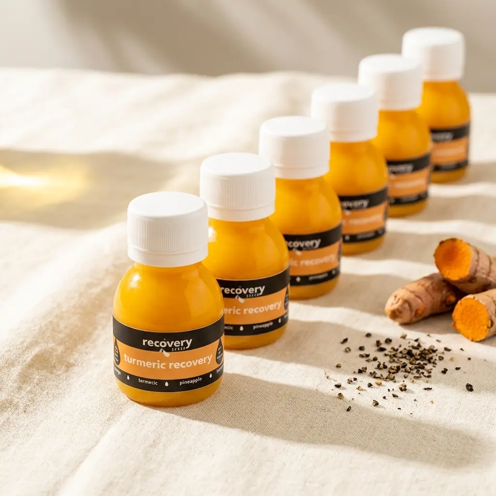 A row of Recovery Juice turmeric shot bottles lined up on a cream surface with fresh turmeric root and black pepper, suggesting a daily habit