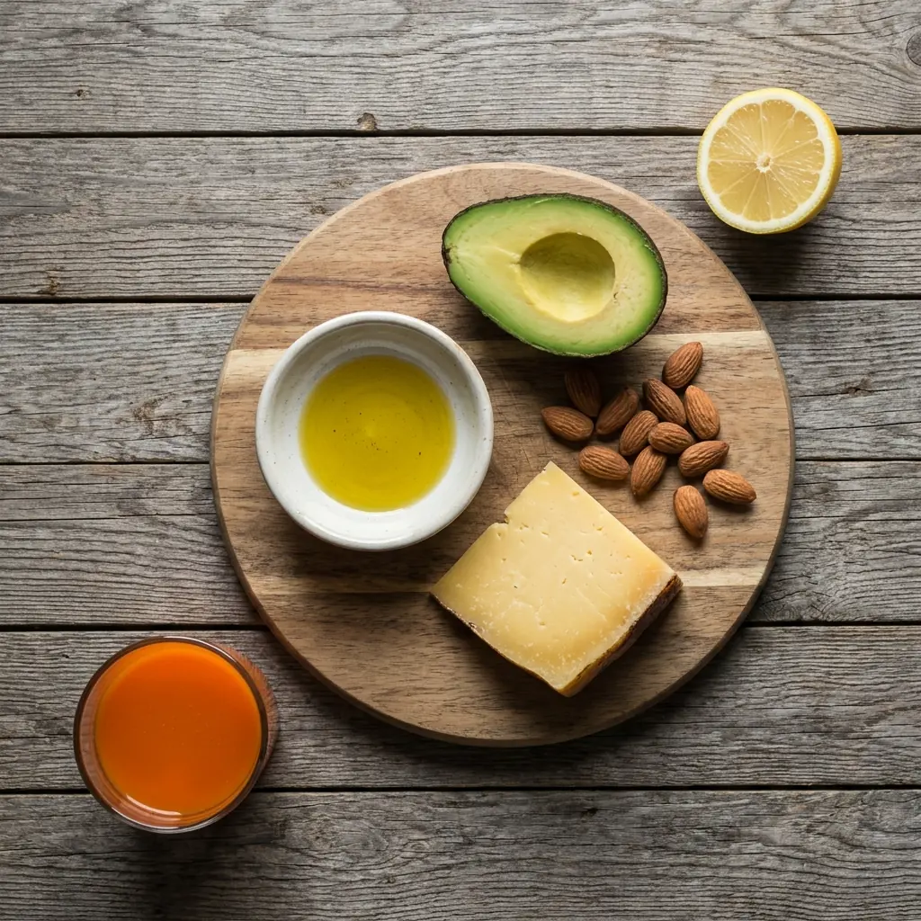 Overhead flat-lay of carrot juice with fat sources: olive oil, cheese, almonds, avocado, and lemon on a wooden board