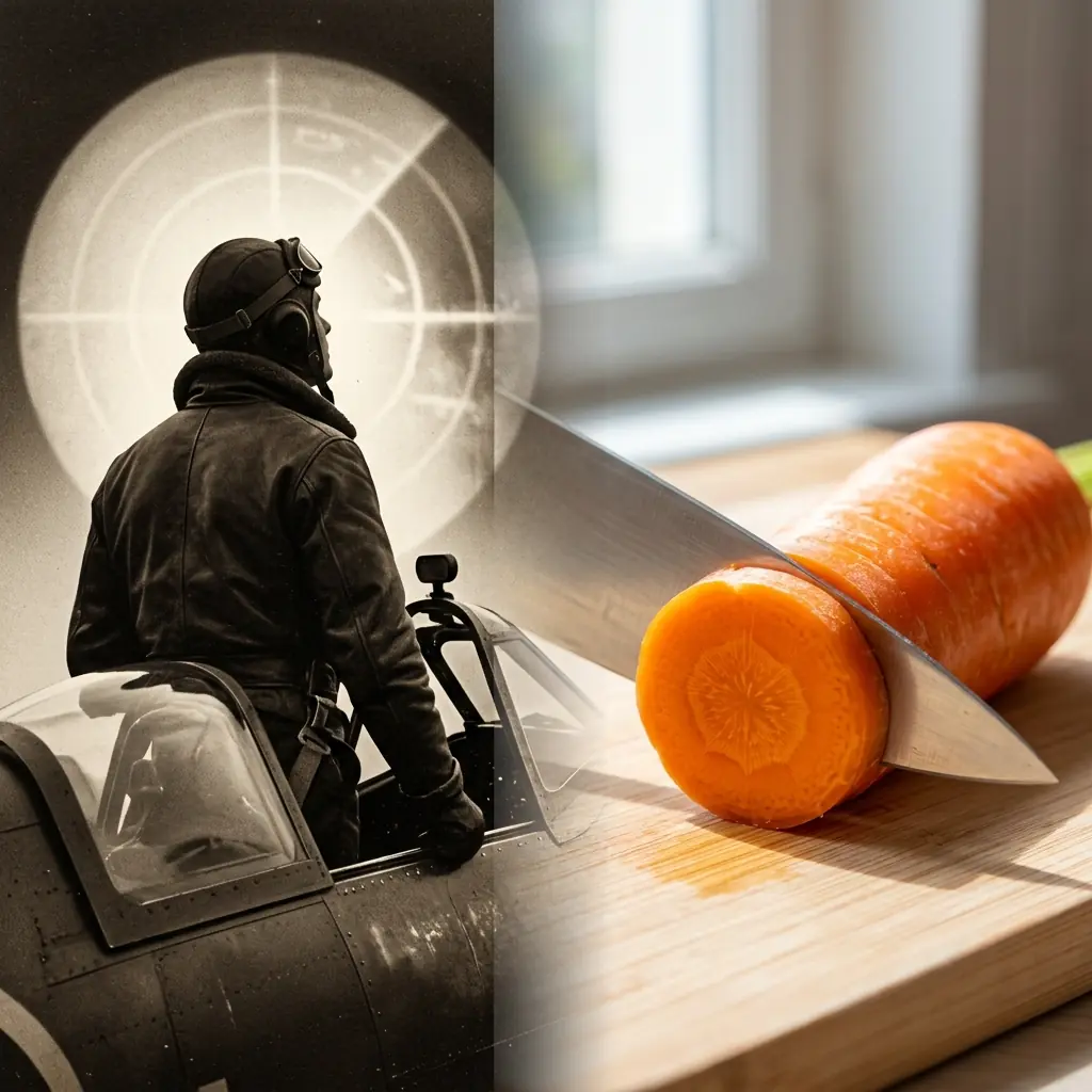 Left: vintage WWII RAF pilot silhouette with radar; right: bright close-up of a sliced carrot showing beta-carotene orange