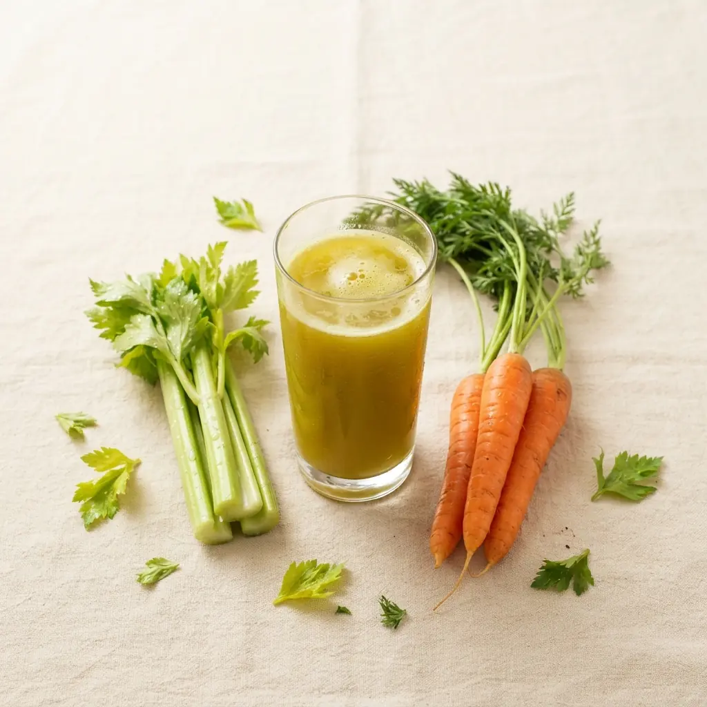 A glass of juice with green celery stalks on one side and orange carrots on the other, showing celery and carrot juice