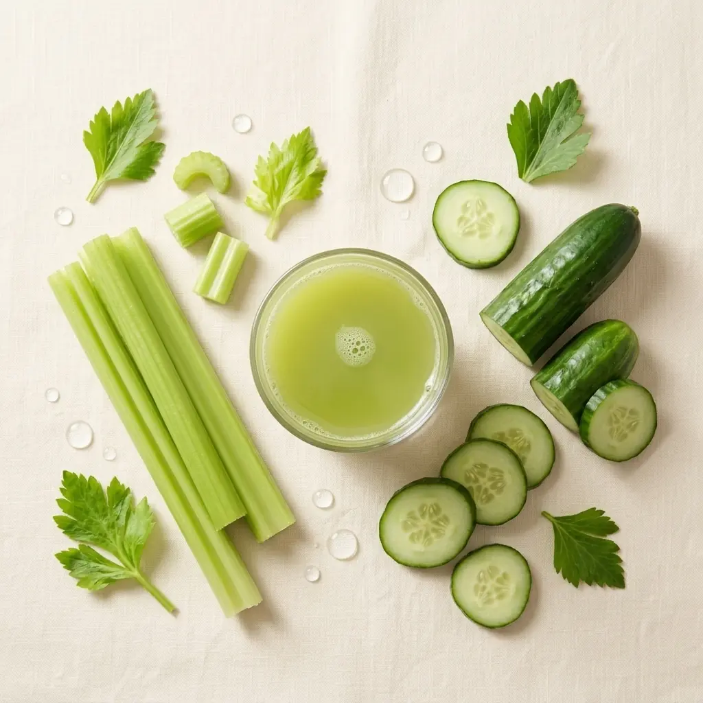 A glass of green juice with fresh celery stalks on one side and sliced cucumber on the other, showing celery and cucumber juice