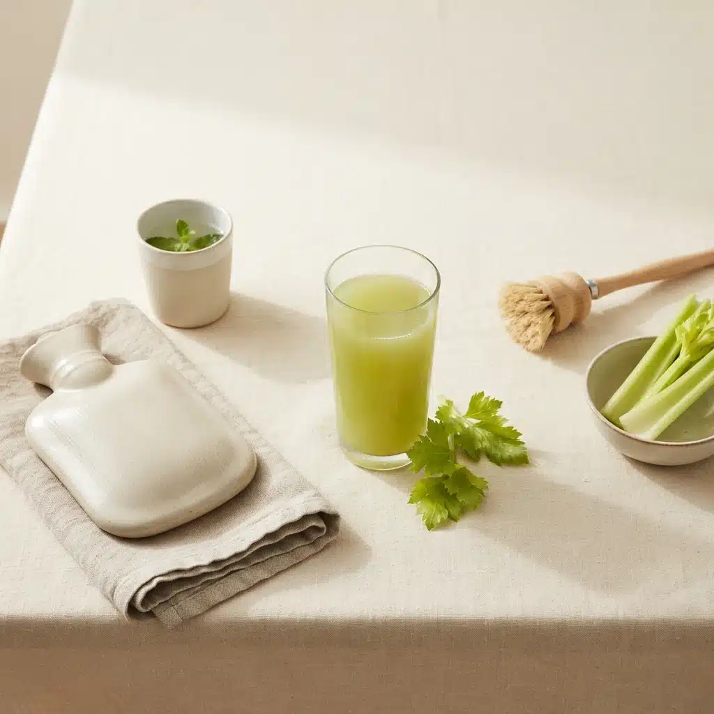 A glass of celery juice with fresh celery, a glass of water and a cosy folded-linen setting, suggesting celery juice for bloating and a settled stomach