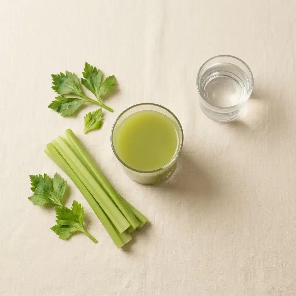 A glass of celery juice beside a glass of water and fresh celery stalks, illustrating an honest look at celery juice side