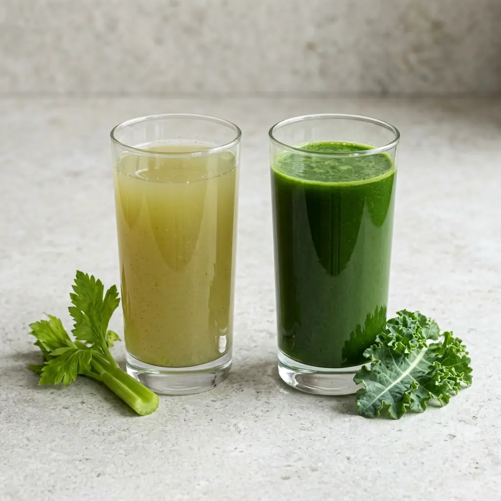 Two glasses side by side, pale celery juice on the left and deep green juice on the right, with a celery stalk and a kale leaf