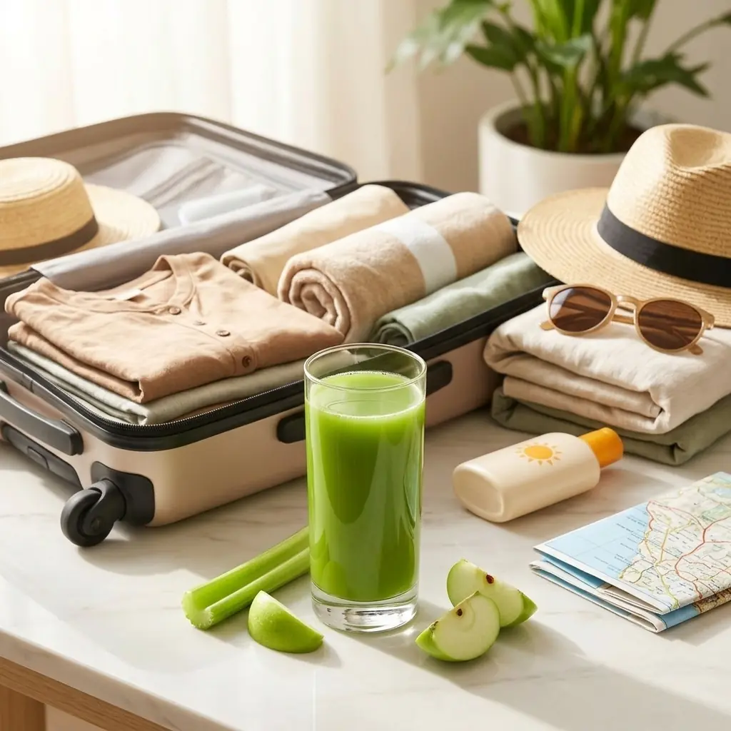 A glass of fresh green cold-pressed juice beside an open suitcase, sun hat and sunglasses in bright light, suggesting a reset in the run-up to a holiday