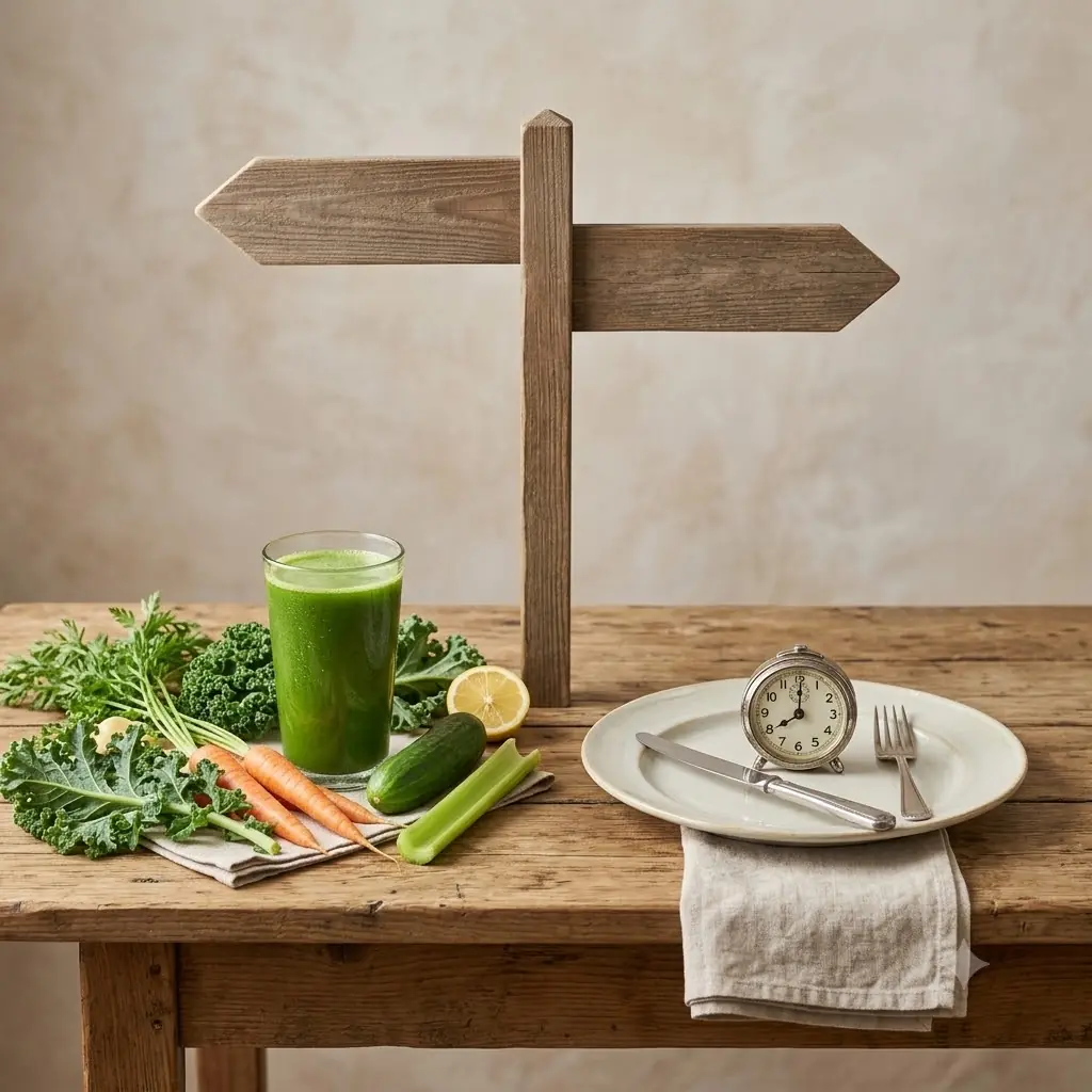 A glass of juice at a fork with two blank signposts pointing opposite ways, choosing between cleansing and fasting.