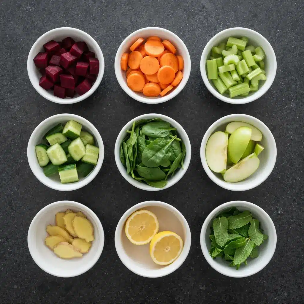 Nine small bowls in a grid on a dark surface holding prepared beetroot, carrot, celery, cucumber, spinach, apple, ginger, lemon and mint ready for juicing