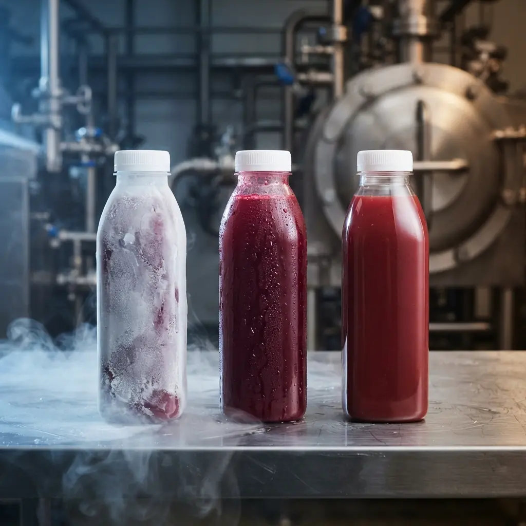 Three identical bottles of deep red juice on stainless steel: one frozen solid and frost-covered, one chilled with condensation, one dry and duller in warm light