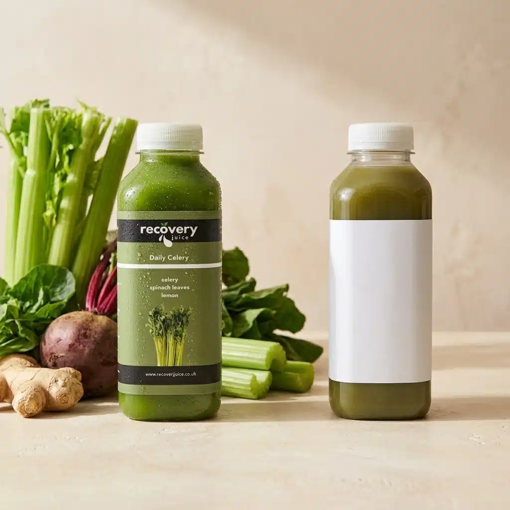 A fresh cold-pressed vegetable juice with whole veg beside it next to a plain mass-market plastic juice bottle, comparing cold-pressed and shop-bought