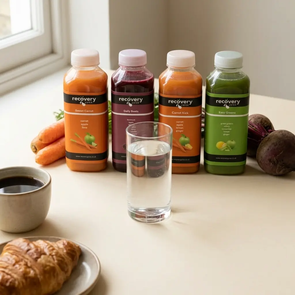 A tidy row of cold-pressed juices and a glass of water with a coffee cup and pastry pushed to one side, showing common juice cleanse mistakes to avoid