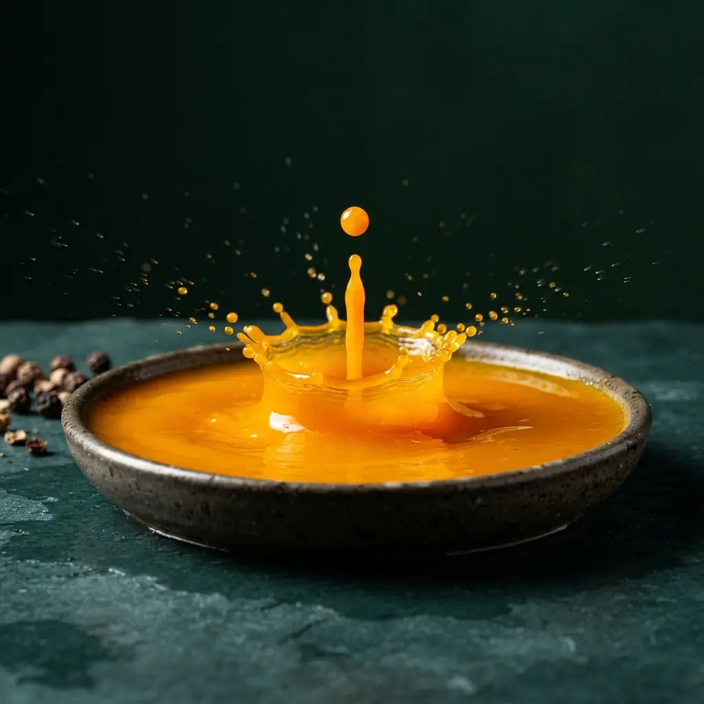 A drop of golden turmeric juice splashing into a dish of the same, frozen mid-splash against a dark green background with cracked black pepper
