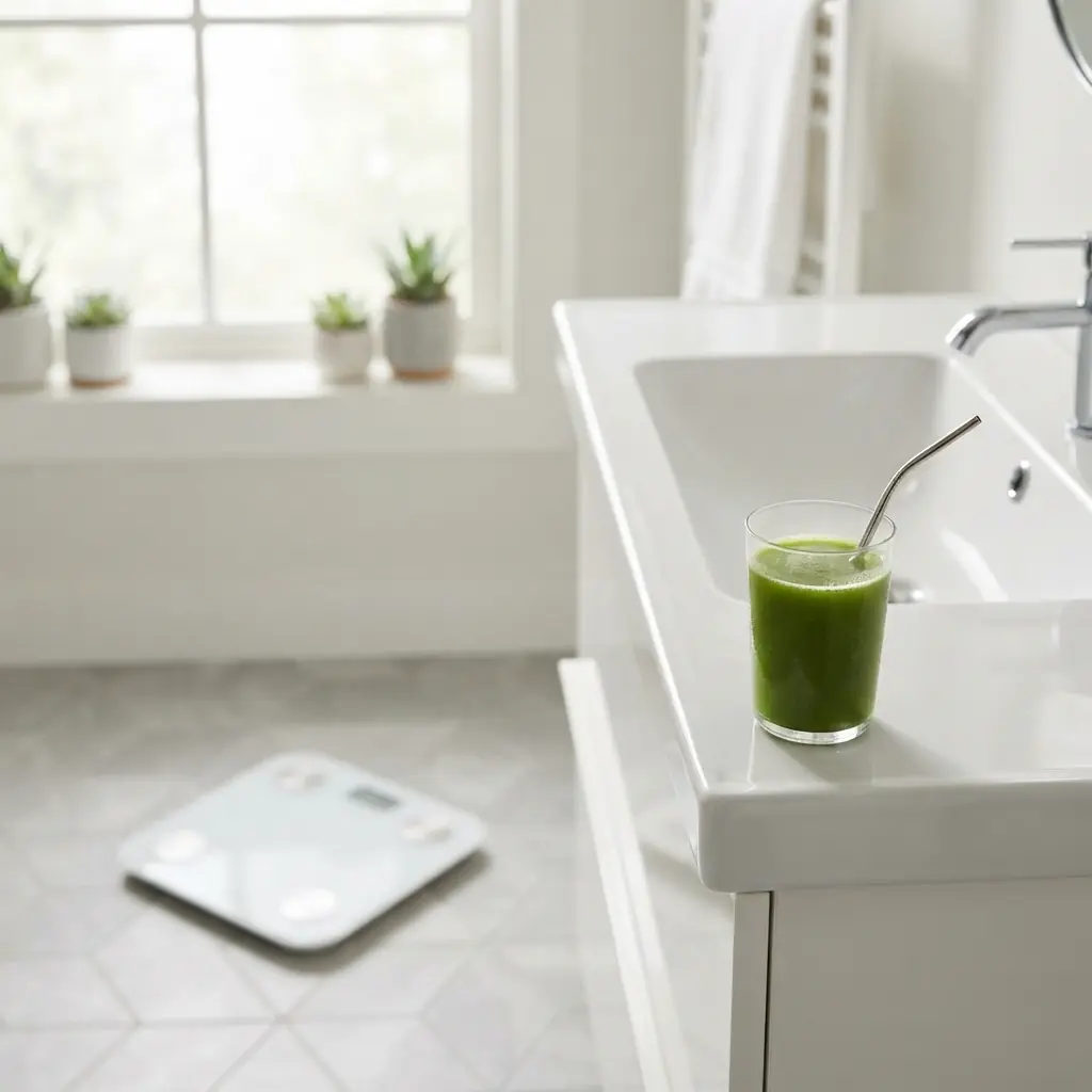 A glass of green juice on the edge of a bathroom sink with bathroom scales on the floor, looking past weight on a juice cleanse.