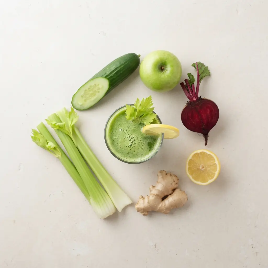 A glass of cold-pressed green juice surrounded by raw whole vegetables and fruit, laid out overhead