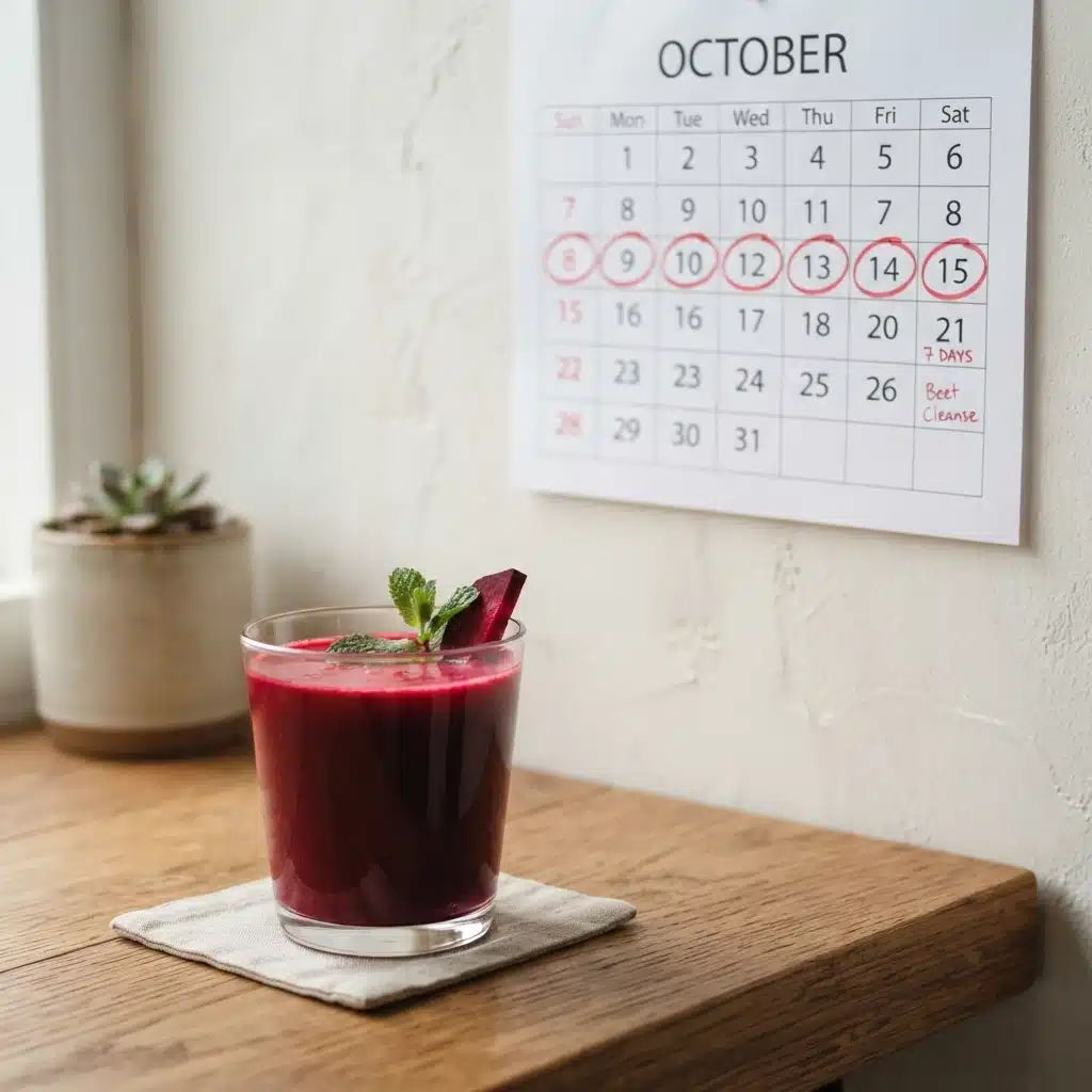 A glass of beetroot-red juice in front of a calendar with seven days circled, representing an extended 7-day juice cleanse.