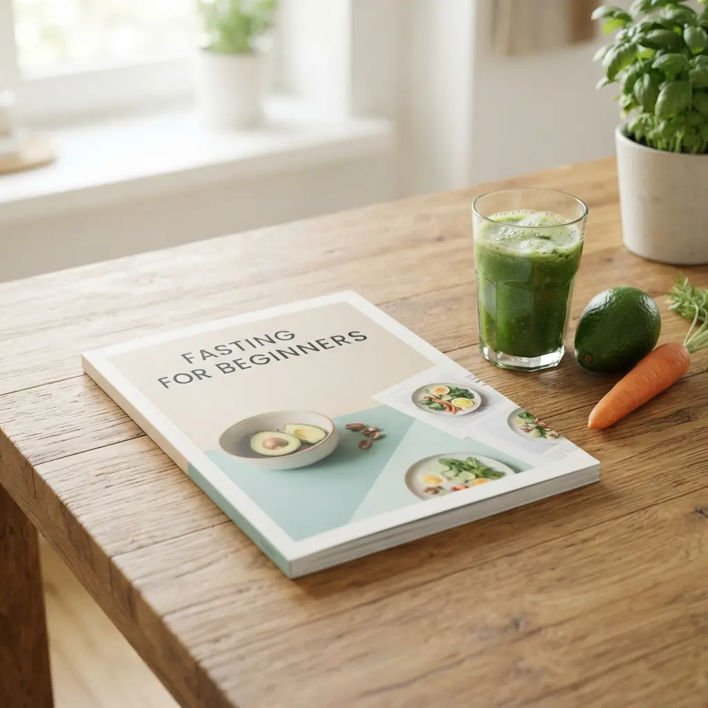 A book titled Fasting for Beginners on a table beside a glass of juice, a beginner's guide to juice fasting.