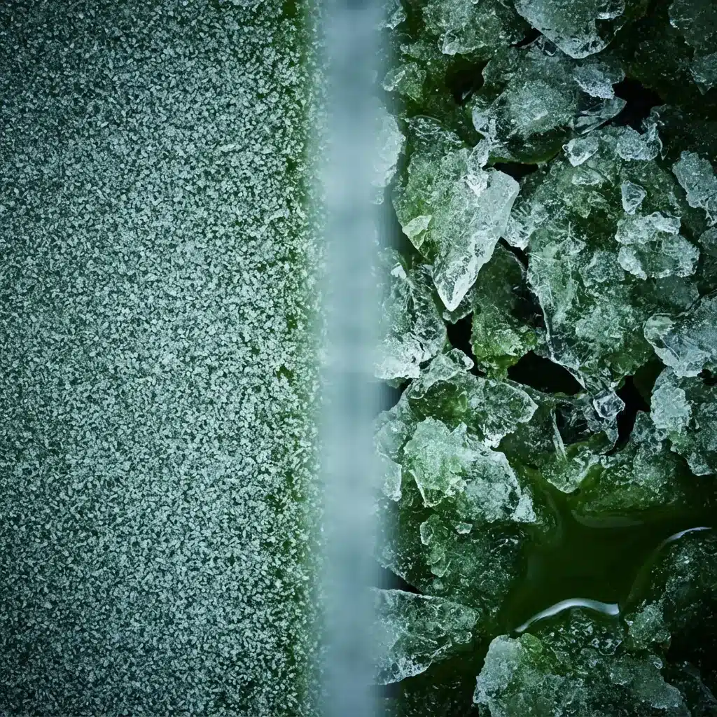 Extreme close-up of frozen juice showing fine even ice crystals on one side and large jagged crystals with separated liquid on the other