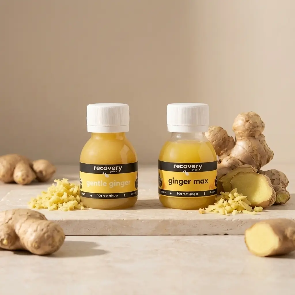 A Gentle Ginger shot beside a Ginger Max shot on a pale surface, the smaller shot with a little fresh ginger and the larger with a big heap, showing mild versus fierce