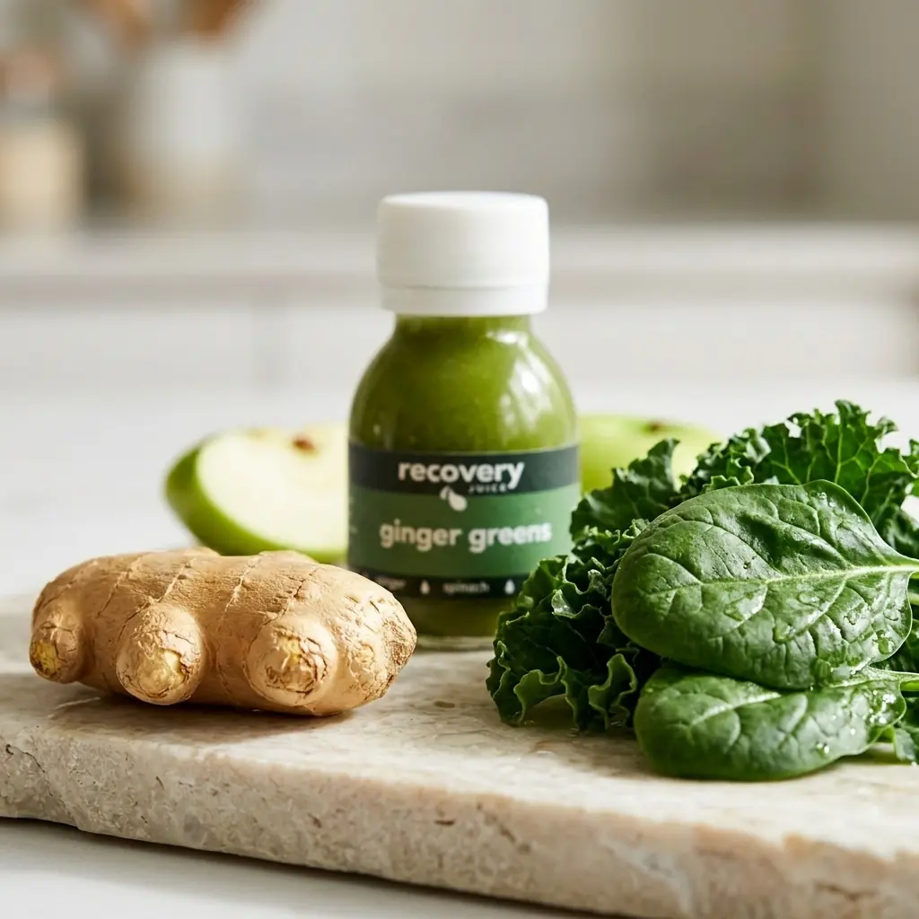Fresh ginger root beside a bundle of leafy greens with a cold-pressed Ginger Greens shot bottle behind them