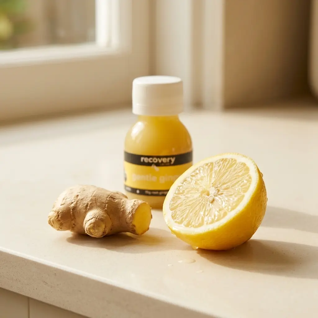 Fresh ginger root and a halved lemon side by side with a cold-pressed ginger shot bottle behind them