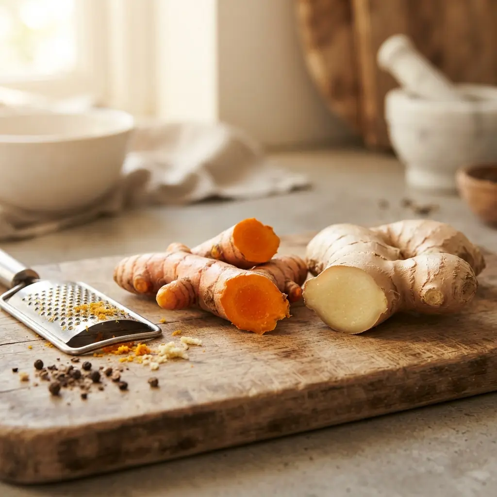 Fresh turmeric and ginger root side by side on a wooden board, cut to show the orange turmeric and pale ginger interiors, with a grater and black pepper