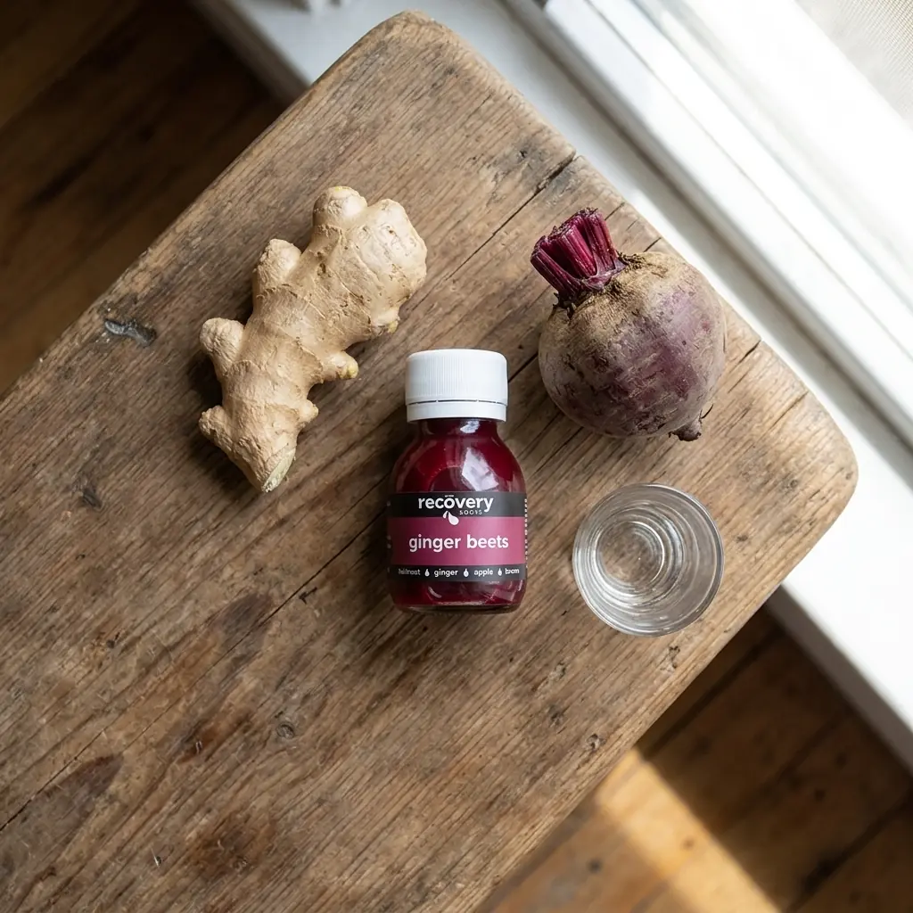 A 60ml bottle of Recovery Juice Ginger Beets shot positioned with fresh ginger root and beetroot, symbolising the warming circulatory benefits of beetroot and ginger combined for pre-workout use.