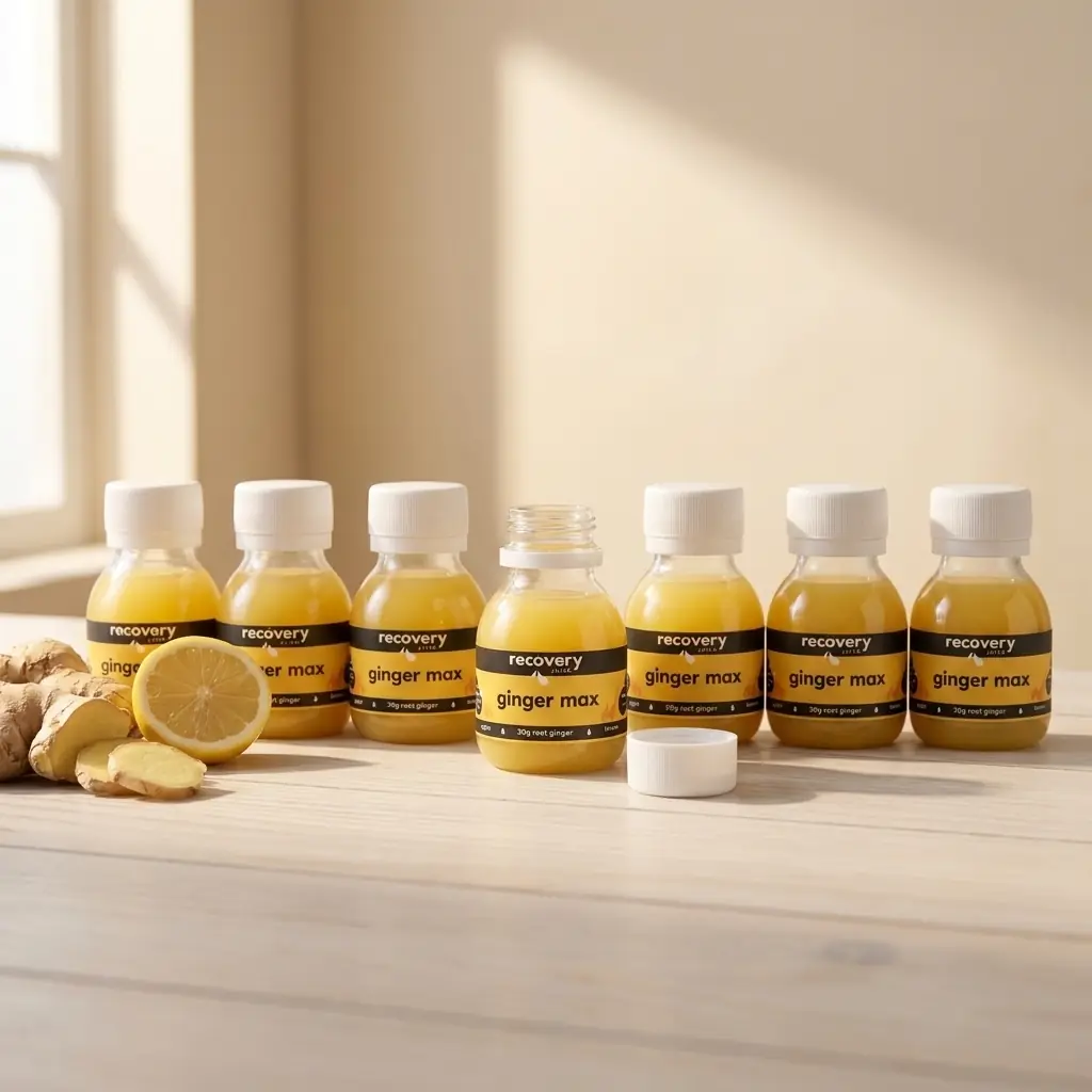 Seven cold-pressed ginger shots lined up in a row like the days of a week, suggesting a daily ginger shot habit.