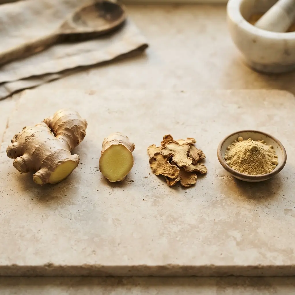 Fresh cut ginger root beside dried ground ginger, showing the contrast between the two forms where gingerol converts to shogaol.