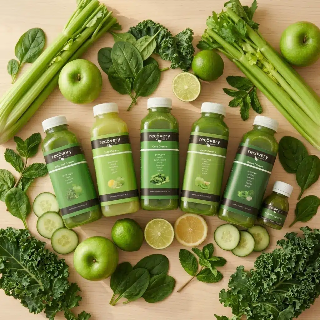 Recovery Juice green juice cleanse bottles in a flat-lay surrounded by cucumber, celery, kale, spinach and green apple.