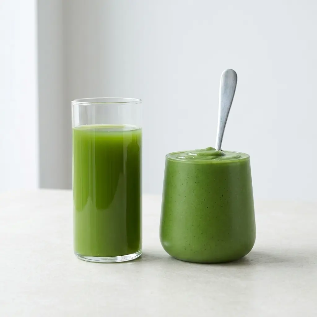 A tall glass of thin clear green juice beside a thick opaque green smoothie with a spoon standing upright in it