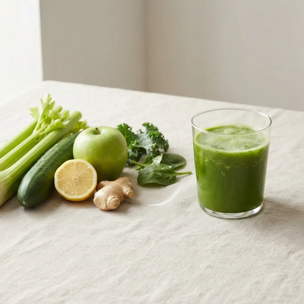 Whole vegetables and fruit alongside a glass of cold-pressed green juice, showing how a juice cleanse is made.