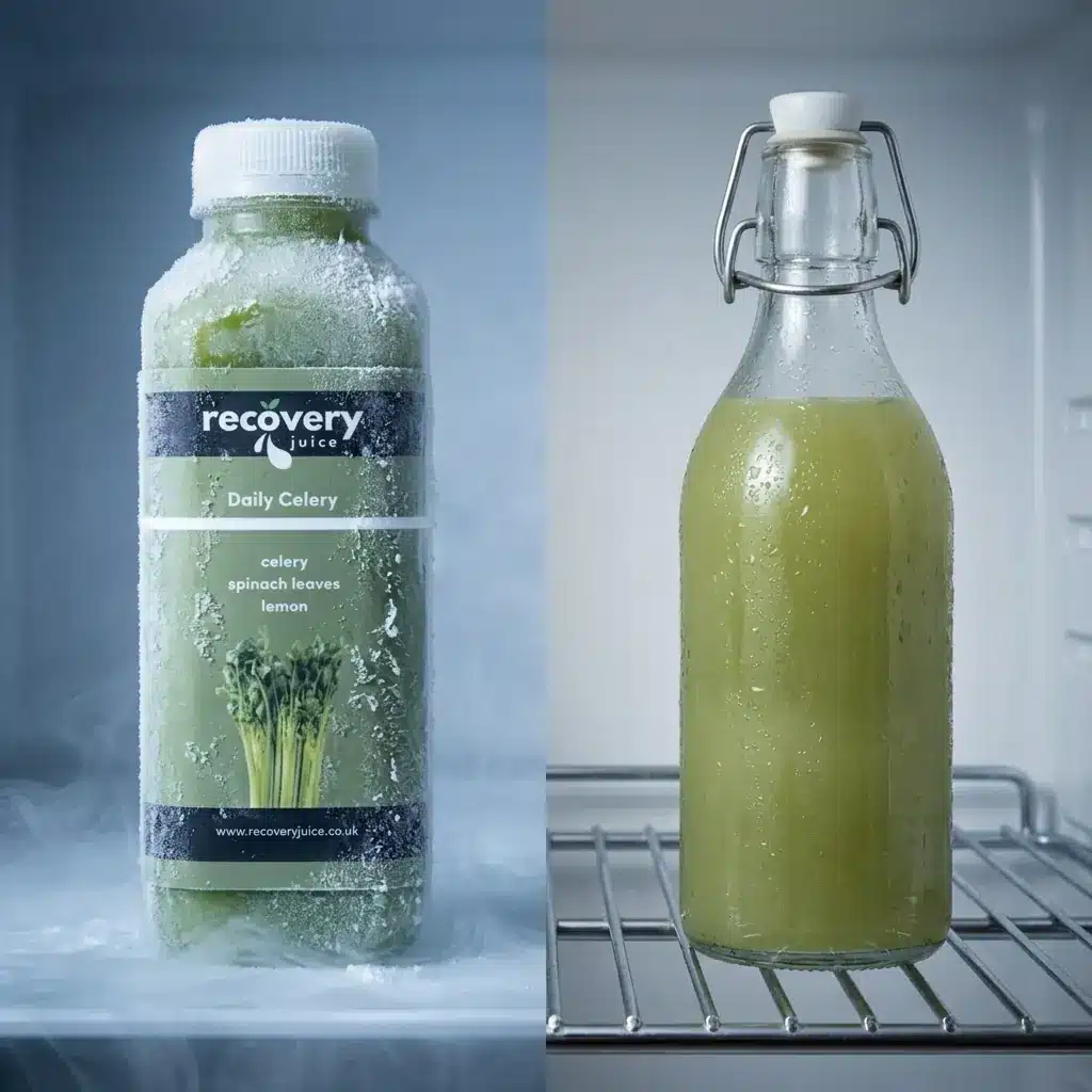 Two clip-top glass bottles of celery juice on cream linen, one bright fresh green and one duller and faded, beside fresh celery stalks