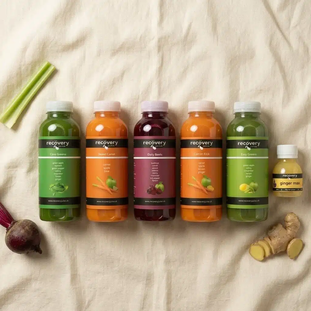 A day's line-up of five 500ml cold-pressed juices and a ginger shot in a row on cream linen, showing how many juices make up a cleanse day