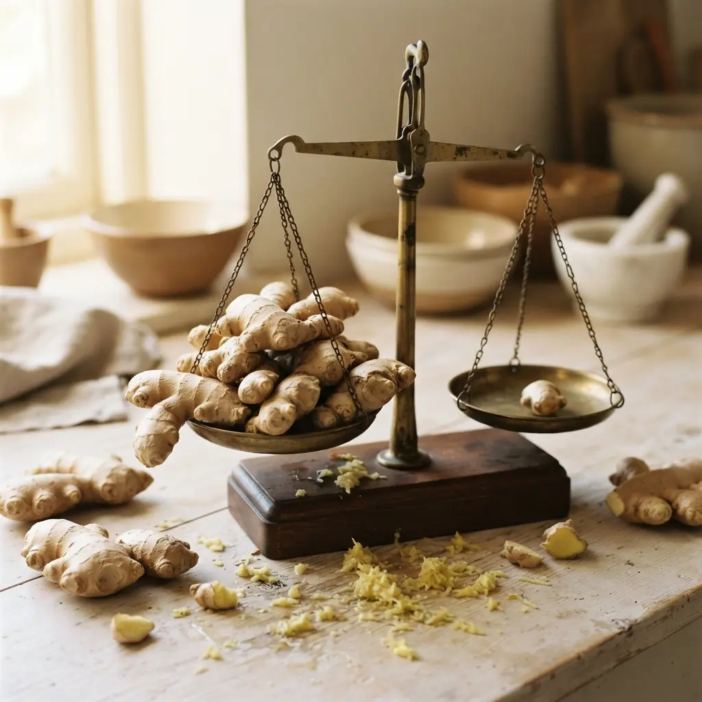 A vintage balance scale weighing fresh ginger root, one pan piled higher than the other, showing how the amount of ginger in a shot can vary from a little to a lot.