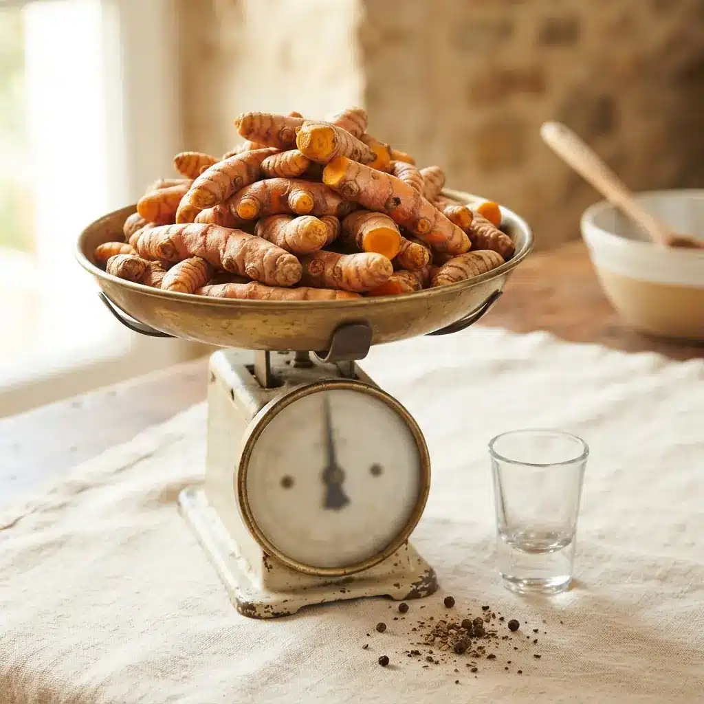 A heap of fresh turmeric root piled on a kitchen scale beside a single small shot glass, showing how much root goes into one turmeric shot