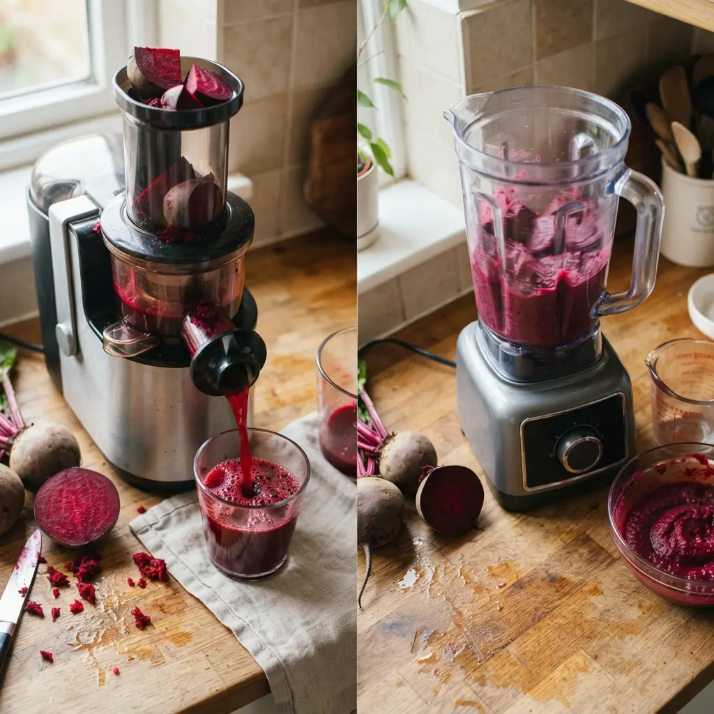 A cold-pressed juicer and high-powered blender positioned with fresh beetroots and a glass of bright red beetroot juice, showing the two methods of making juice at home.
