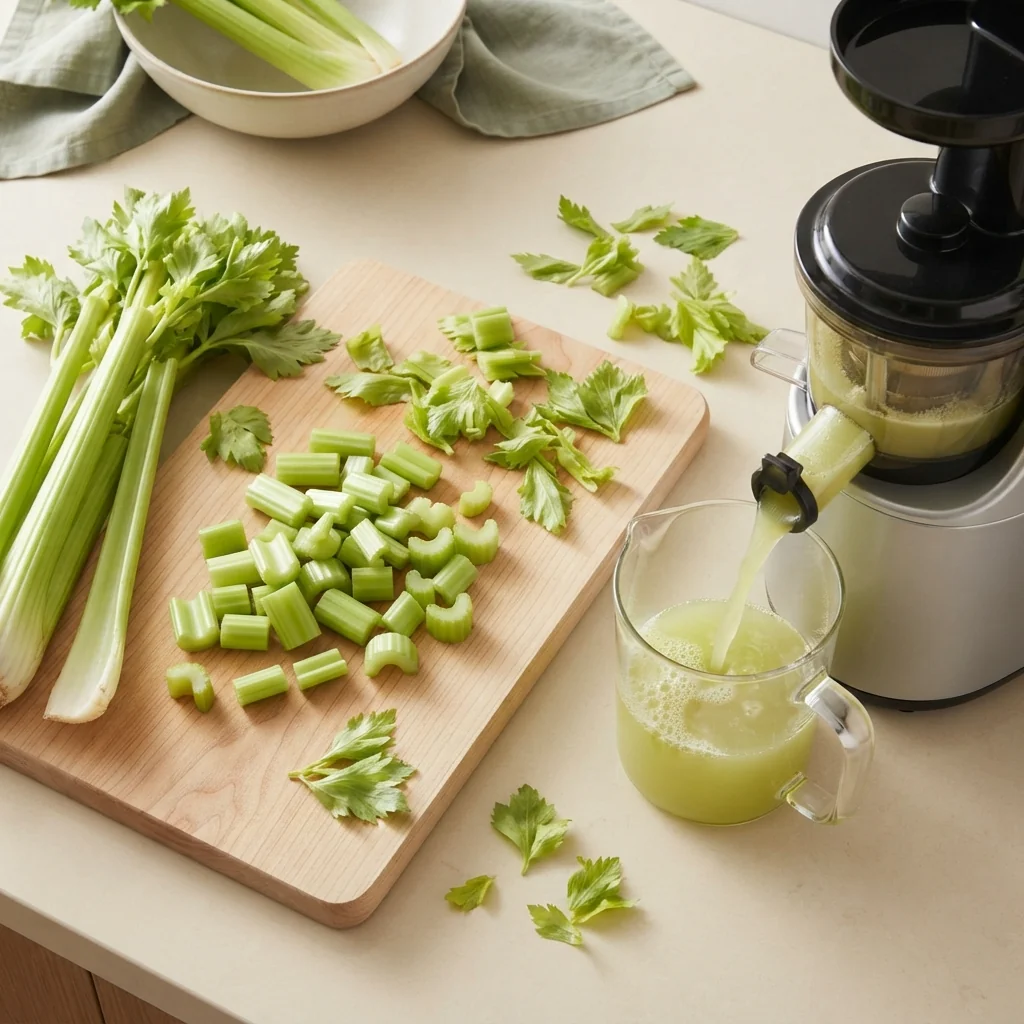 Fresh celery chopped on a board beside a juicer running pale-green juice into a jug, showing how to make celery juice