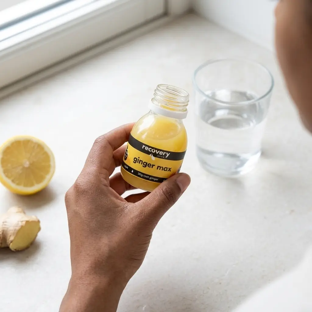 A hand holding an open 60ml cold-pressed ginger shot ready to drink, with a glass of water beside it as a chaser