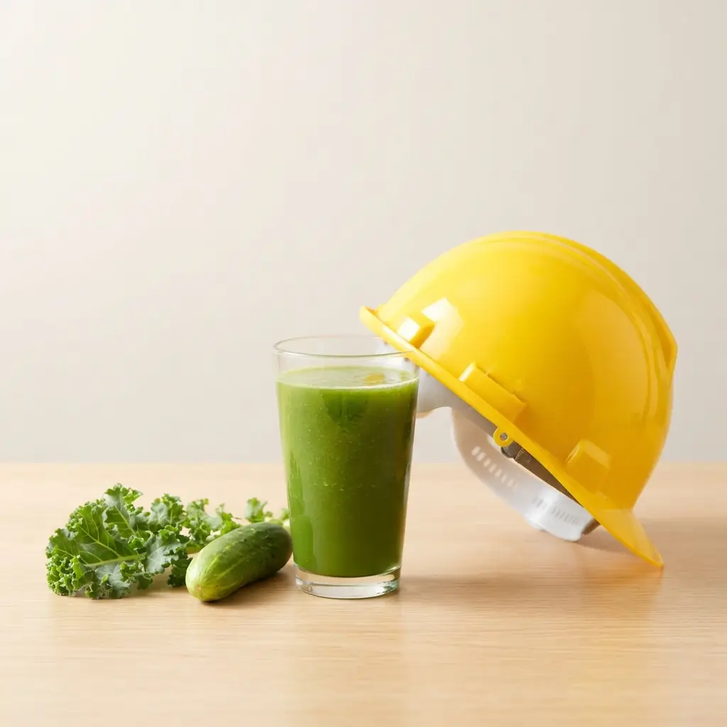 A glass of green juice beside a yellow safety hard hat, a light-hearted look at whether juice cleanses are safe.