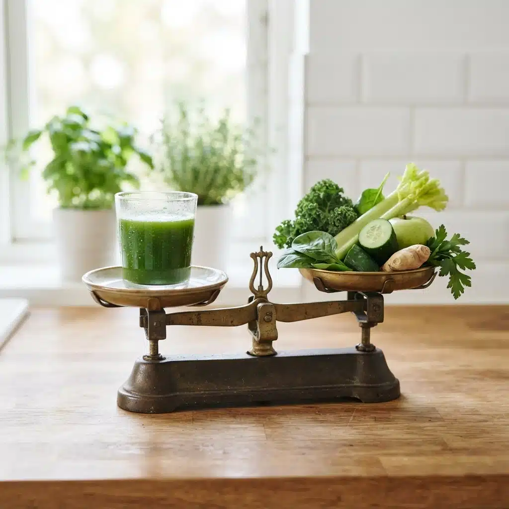 A glass of green juice and fresh vegetables balanced on a two-pan kitchen scale, weighing up whether a juice cleanse is worth it.