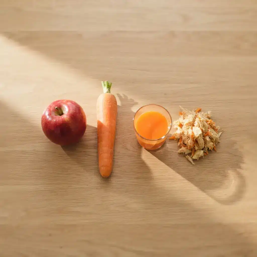 A whole carrot and apple on an oak worktop beside a glass of juice and a separate pile of dry fibre, showing what juicing keeps and what it removes