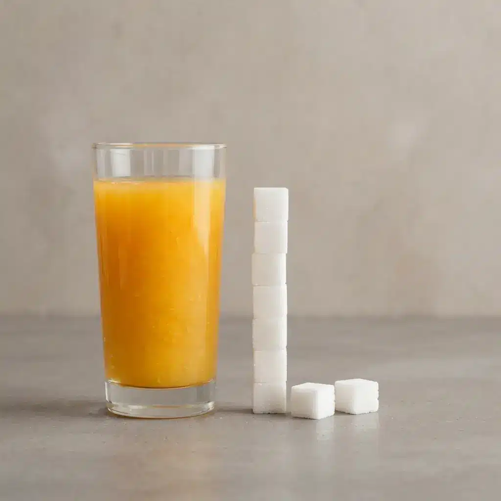 A glass of orange juice beside a stack of sugar cubes reaching the same height as the juice in the glass