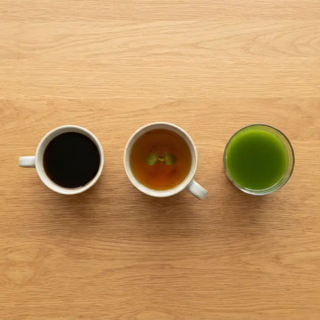 Coffee, herbal tea and juice in a row from above, illustrating tapering caffeine before a juice cleanse.