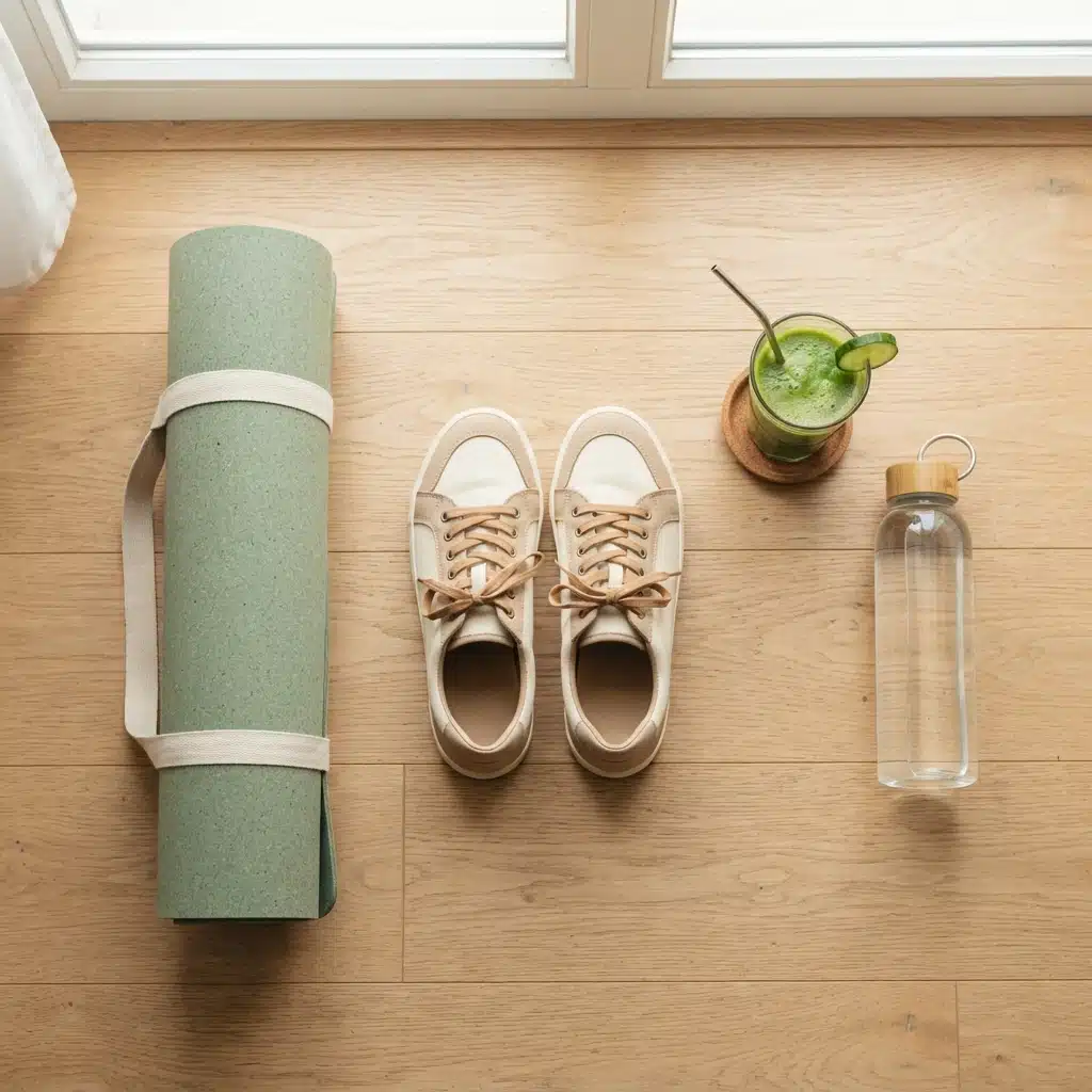 A yoga mat, trainers, juice and water laid out from above, illustrating gentle exercise during a juice cleanse.