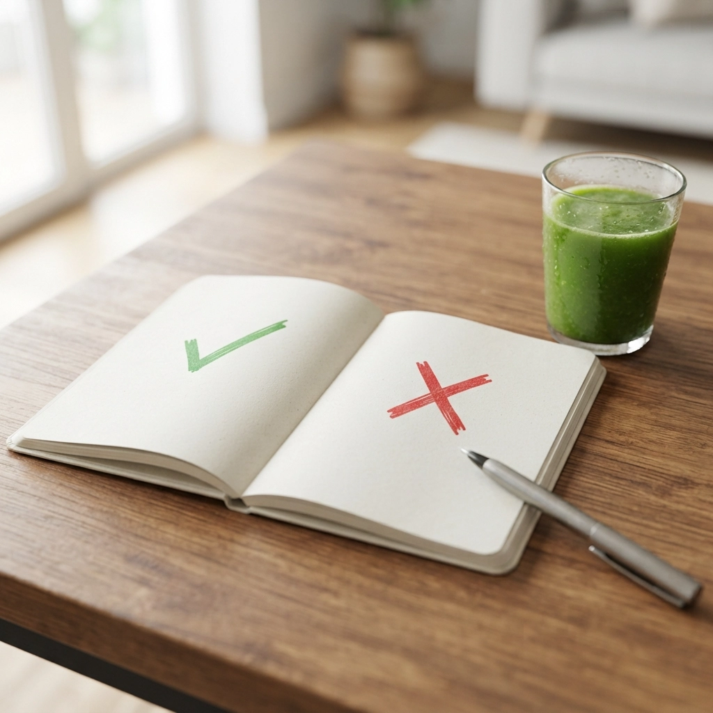An open book showing a green tick and a red cross beside a glass of green juice, illustrating juice cleanse myths versus facts.